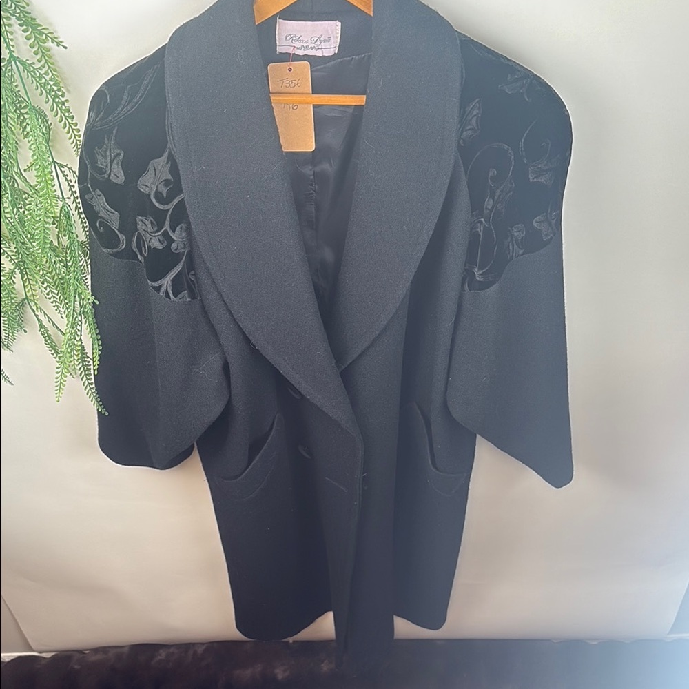 Rebecca Lynn. Black  long coat. Collar and Subtle Embellishments. Vintage.